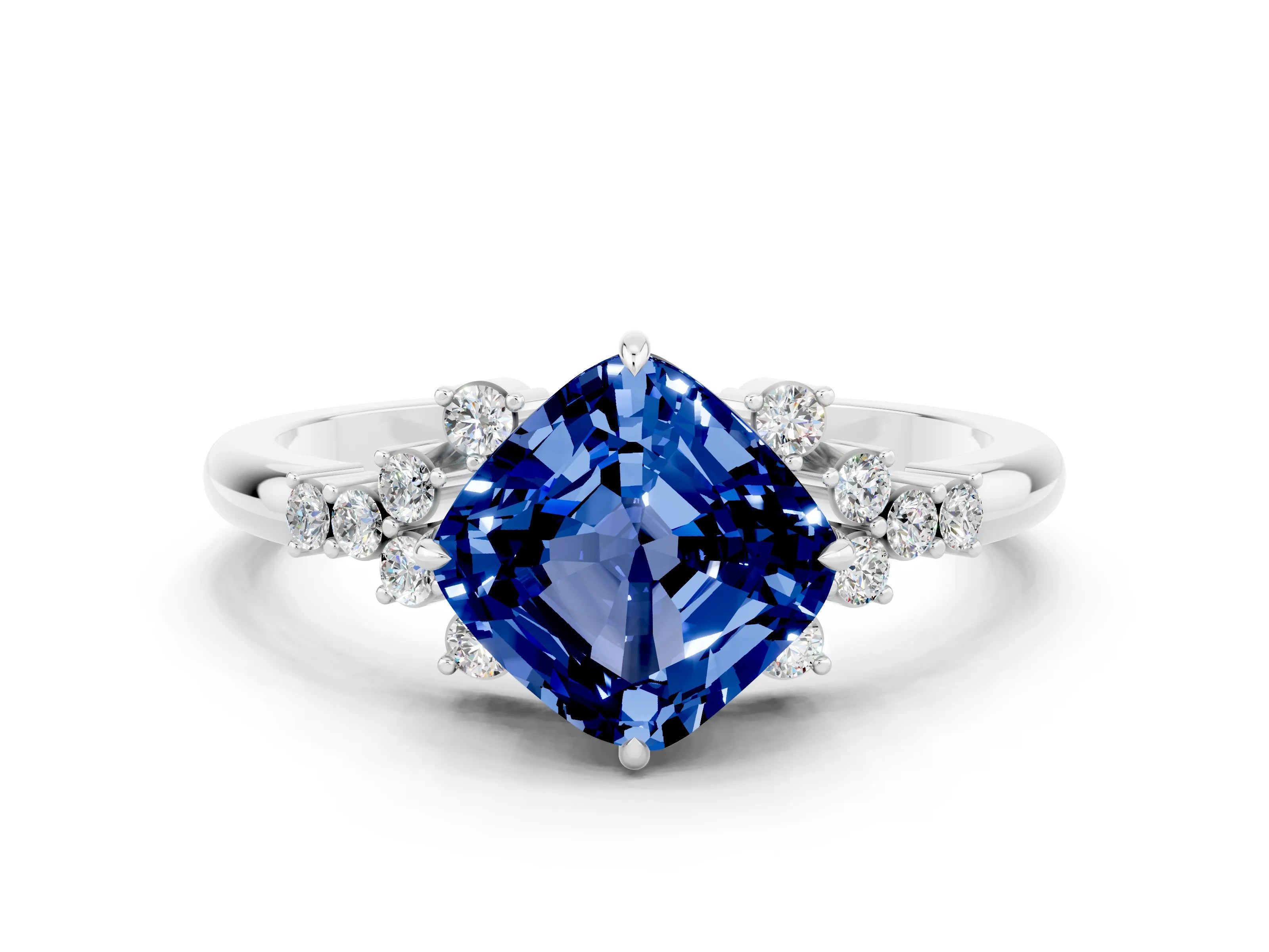 White gold Cushion Cut Blue Sapphire Ring with Side Stones and Four-Prong Setting_36