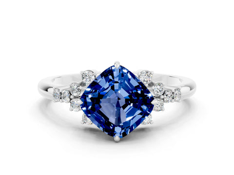 White gold Cushion Cut Blue Sapphire Ring with Side Stones and Four-Prong Setting_36