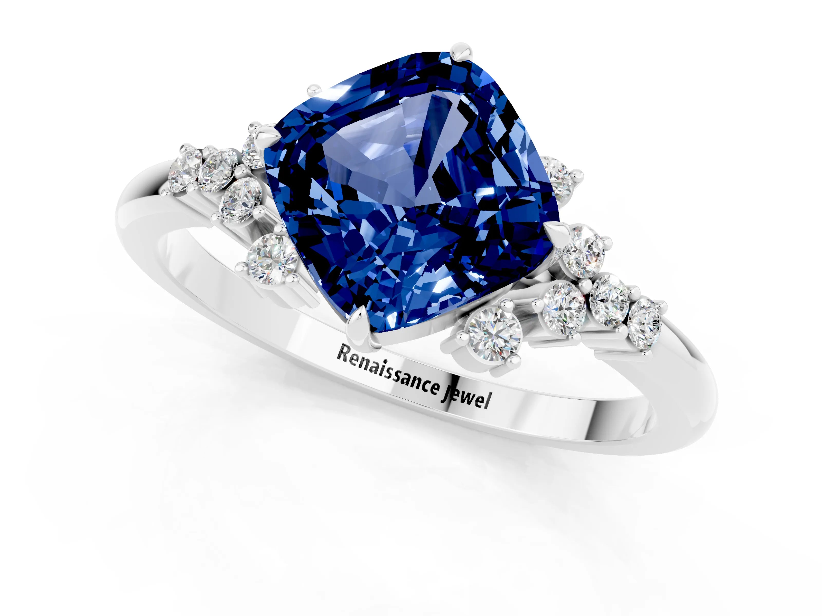 White gold Cushion Cut Blue Sapphire Ring with Side Stones and Four-Prong Setting_37