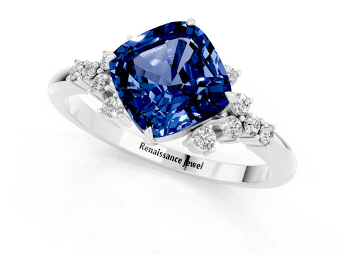 White gold Cushion Cut Blue Sapphire Ring with Side Stones and Four-Prong Setting_37