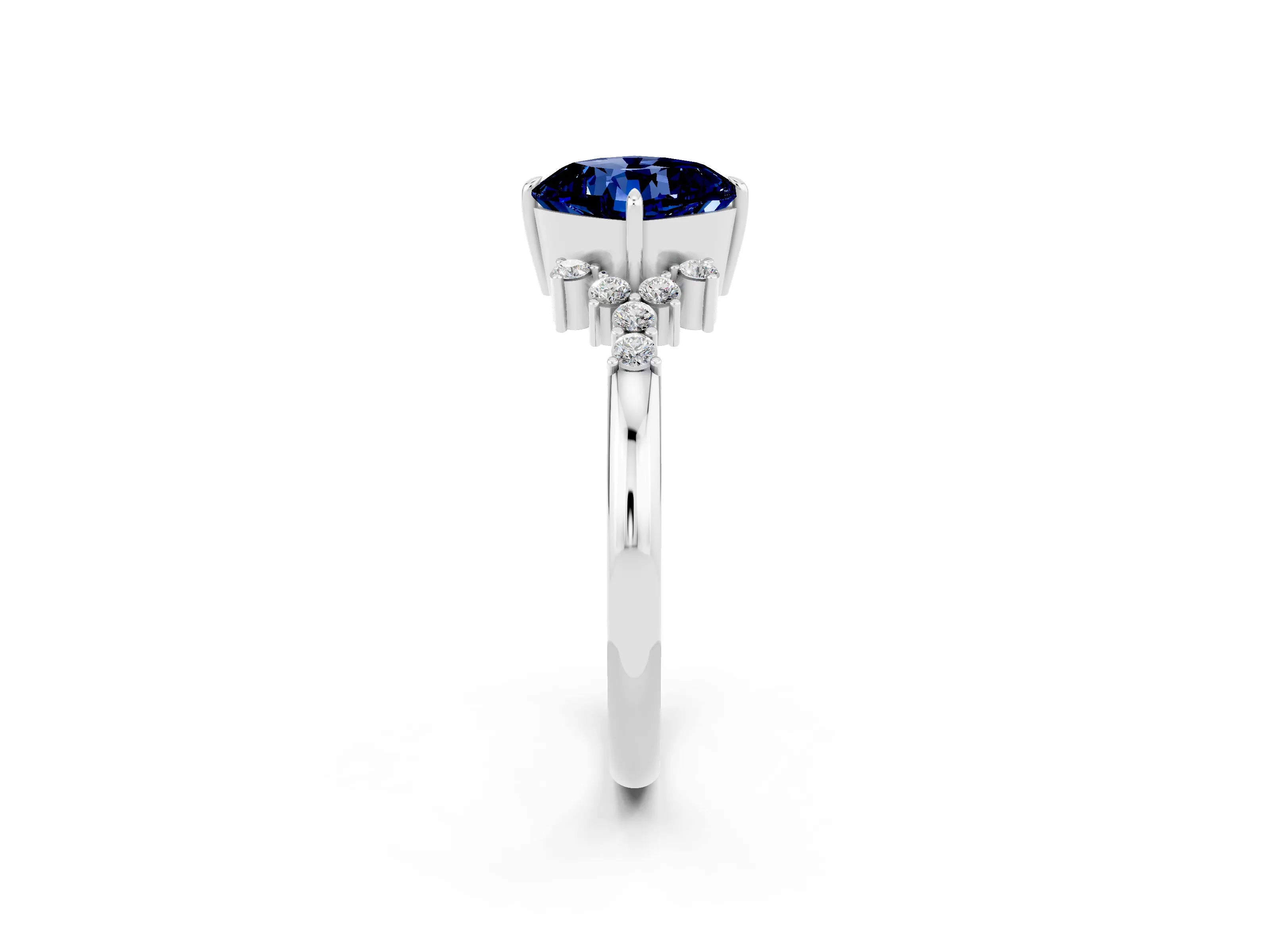 White gold Cushion Cut Blue Sapphire Ring with Side Stones and Four-Prong Setting_38