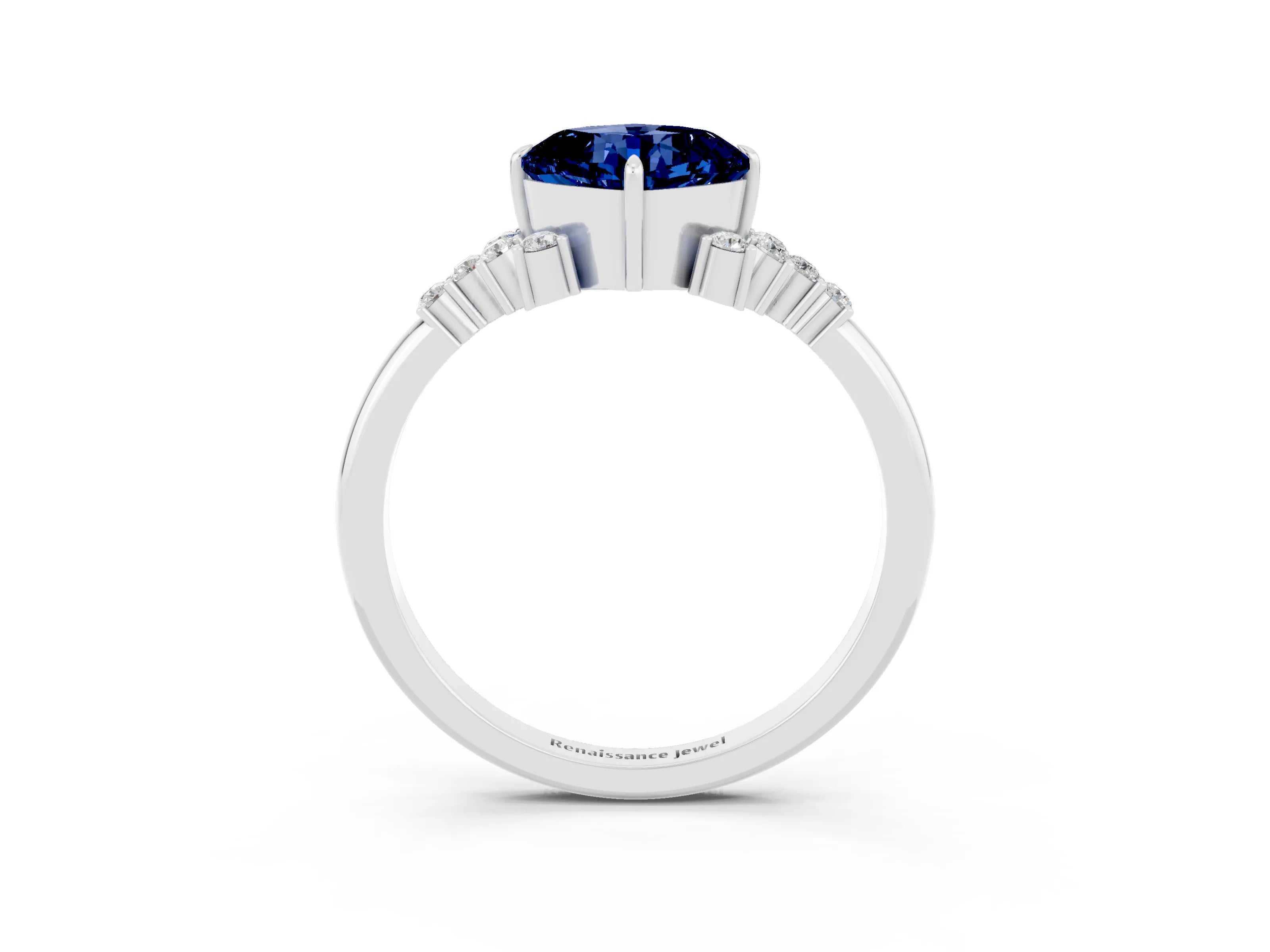 White gold Cushion Cut Blue Sapphire Ring with Side Stones and Four-Prong Setting_39