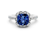 White gold Cushion Cut Blue Sapphire Scalloped Halo Engagement Ring with Round Shared Prong Band_24
