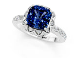 White gold Cushion Cut Blue Sapphire Scalloped Halo Engagement Ring with Round Shared Prong Band_25
