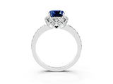White gold Cushion Cut Blue Sapphire Scalloped Halo Engagement Ring with Round Shared Prong Band_27