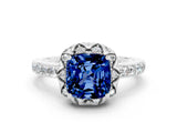 White gold Cushion Cut Blue Sapphire Scalloped Halo Engagement Ring with Round Shared Prong Band_48