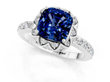 White gold Cushion Cut Blue Sapphire Scalloped Halo Engagement Ring with Round Shared Prong Band_49