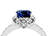 White gold Cushion Cut Blue Sapphire Scalloped Halo Engagement Ring with Round Shared Prong Band_52