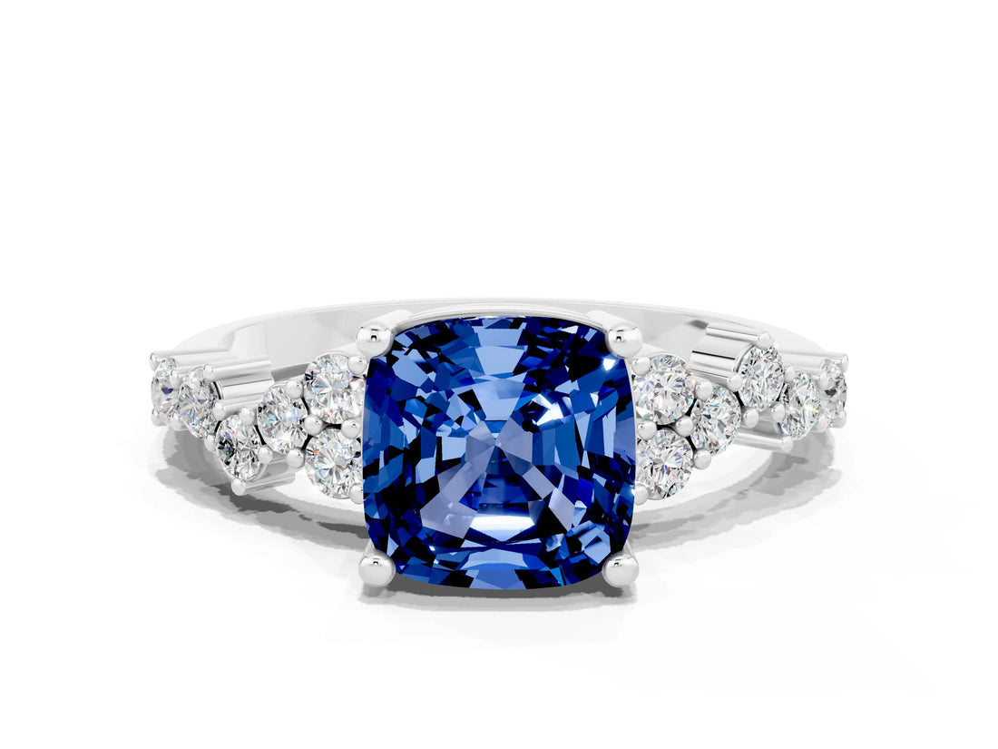 White gold Cushion Cut Blue Sapphire Scattered Round Accent Ring with Prong Setting_36