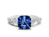 White gold Cushion Cut Blue Sapphire Scattered Round Accent Ring with Prong Setting_36