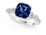 White gold Cushion Cut Blue Sapphire Scattered Round Accent Ring with Prong Setting_37