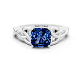 White gold Cushion Cut Blue Sapphire Solitaire Celtic Knot Ring with Four-Prong Setting_12