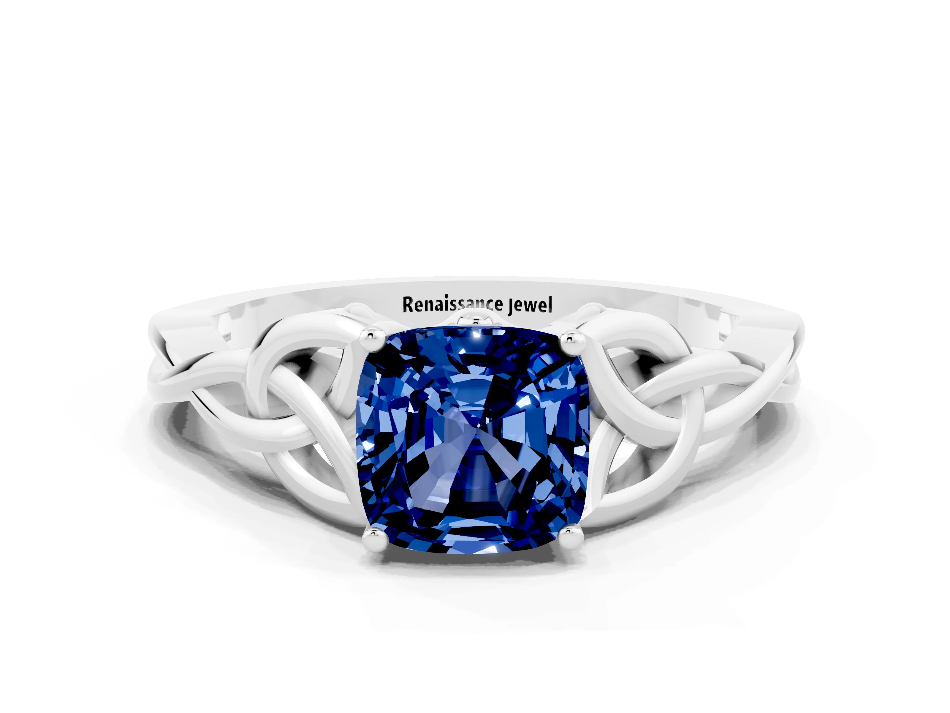 White gold Cushion Cut Blue Sapphire Solitaire Celtic Knot Ring with Four-Prong Setting_12