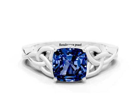 White gold Cushion Cut Blue Sapphire Solitaire Celtic Knot Ring with Four-Prong Setting_12