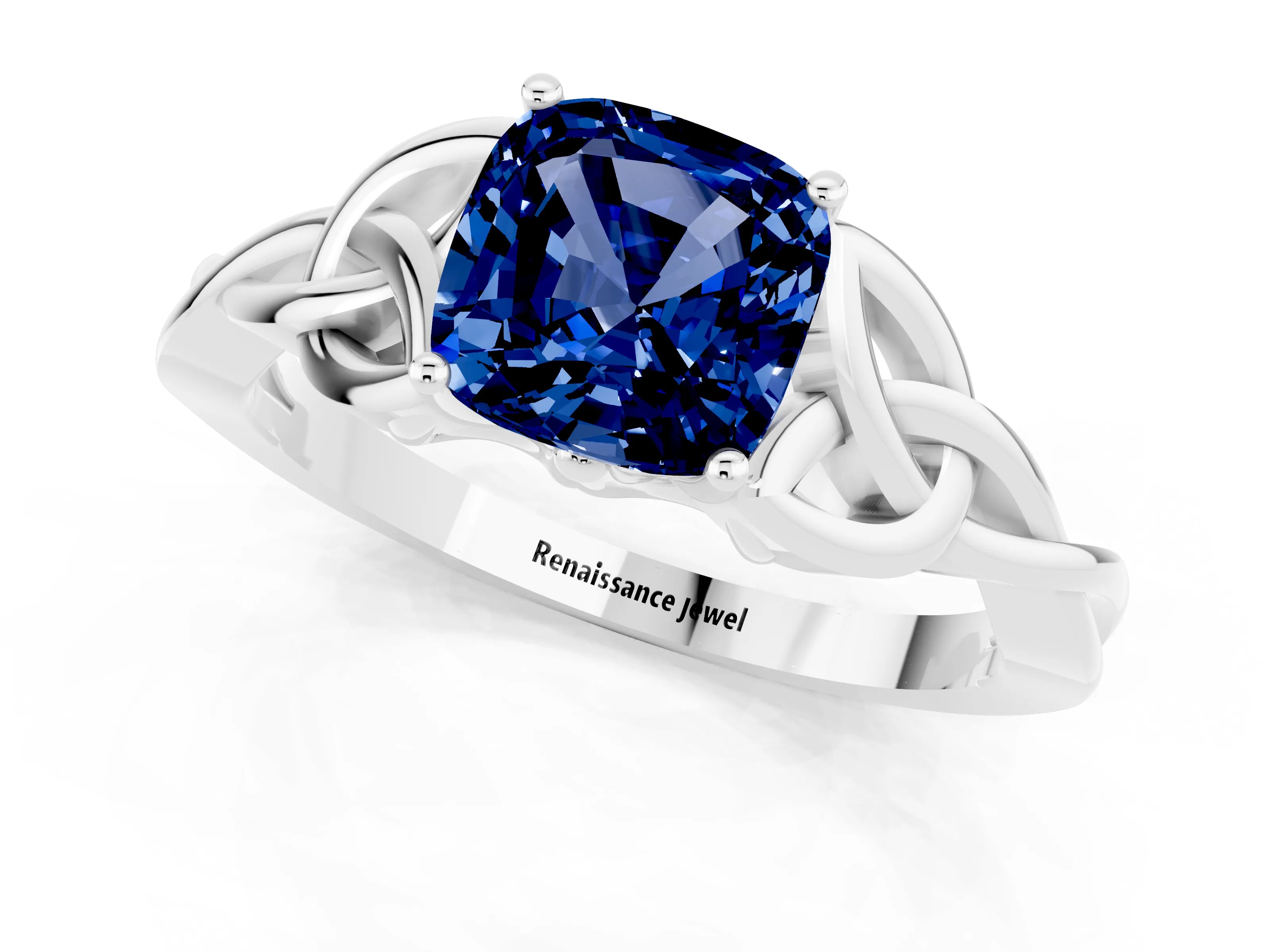 White gold Cushion Cut Blue Sapphire Solitaire Celtic Knot Ring with Four-Prong Setting_13
