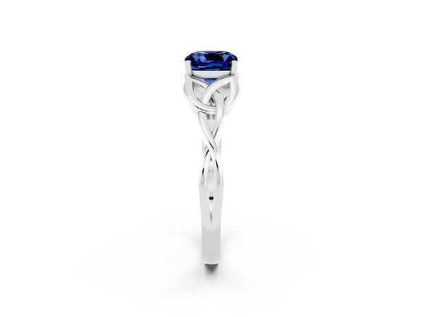 Platinum Cushion Cut Blue Sapphire Solitaire Celtic Knot Ring with Four-Prong Setting