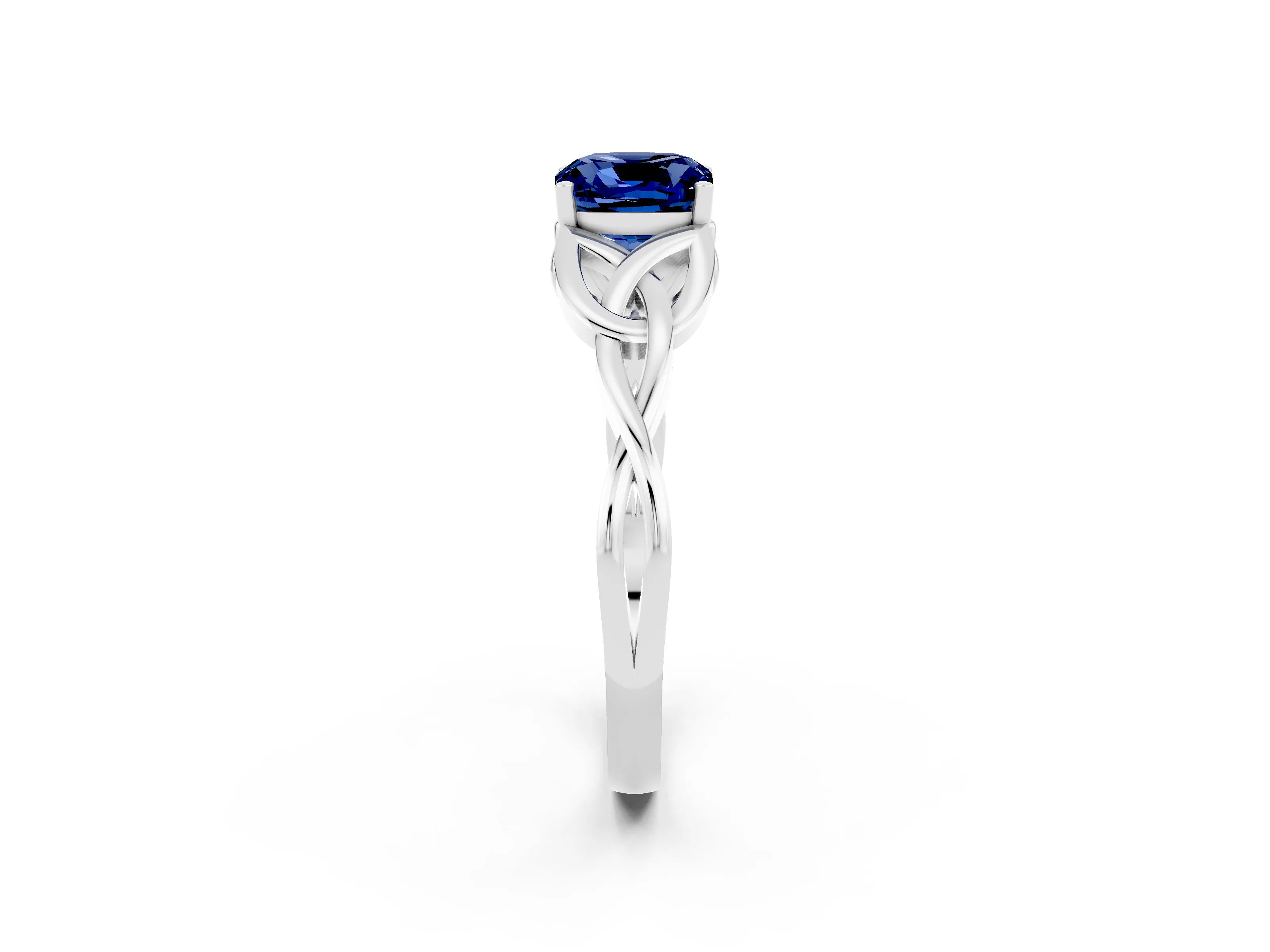 White gold Cushion Cut Blue Sapphire Solitaire Celtic Knot Ring with Four-Prong Setting_14