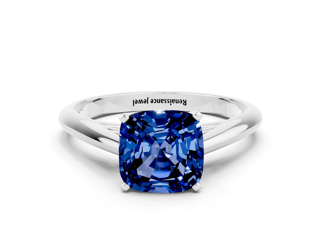 White gold Cushion Cut Blue Sapphire Solitaire Engagement Ring with Cathedral Setting and Four-Prong Mount_132