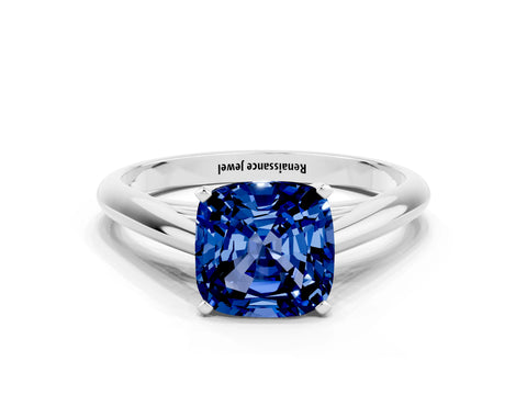 White gold Cushion Cut Blue Sapphire Solitaire Engagement Ring with Cathedral Setting and Four-Prong Mount_24