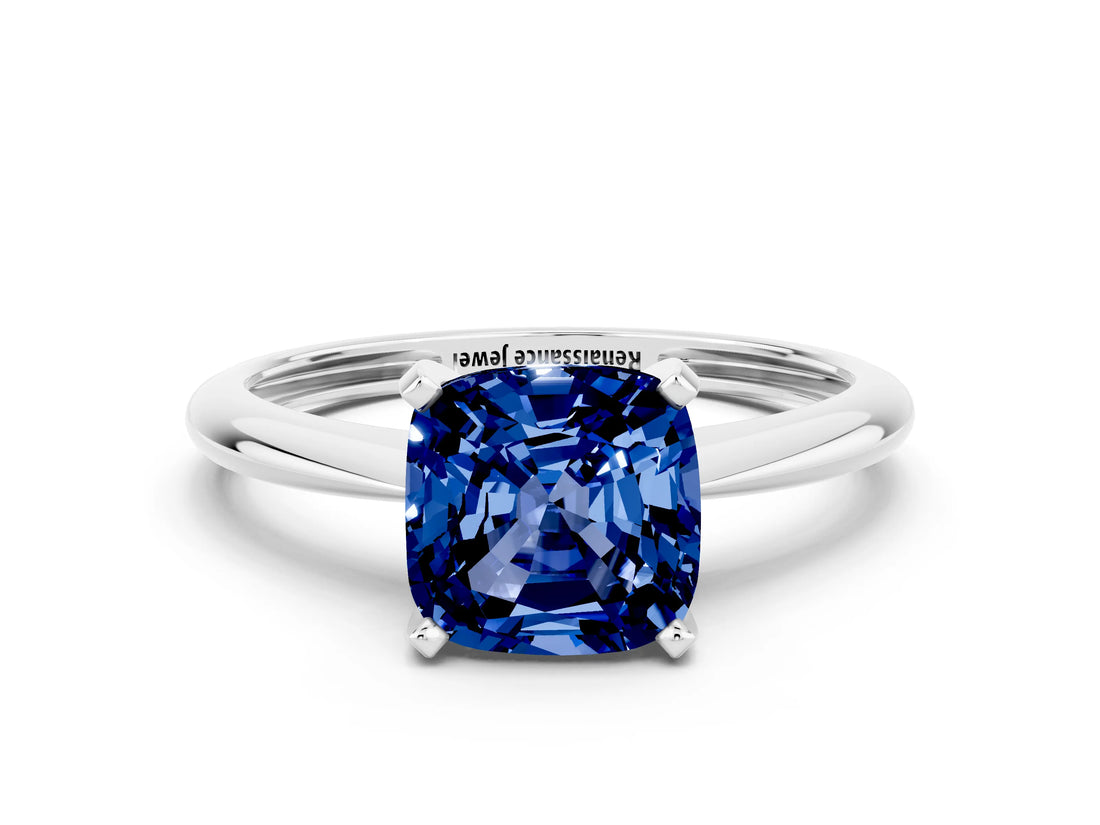 White gold Cushion Cut Blue Sapphire Solitaire Engagement Ring with Classic Band and Four-Prong Setting_12