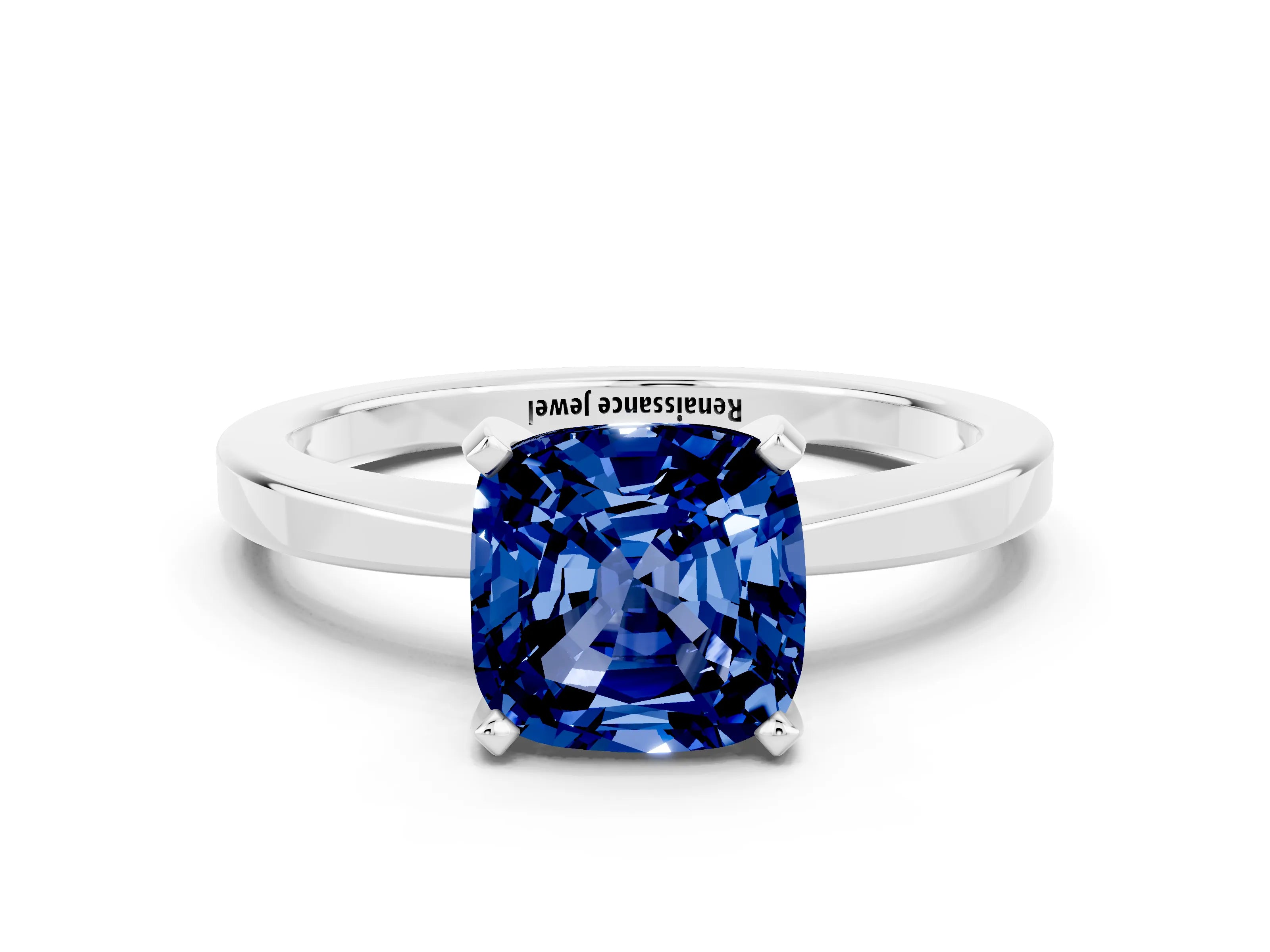 White gold Cushion Cut Blue Sapphire Solitaire Engagement Ring with Classic Band and Four-Prong Setting_24