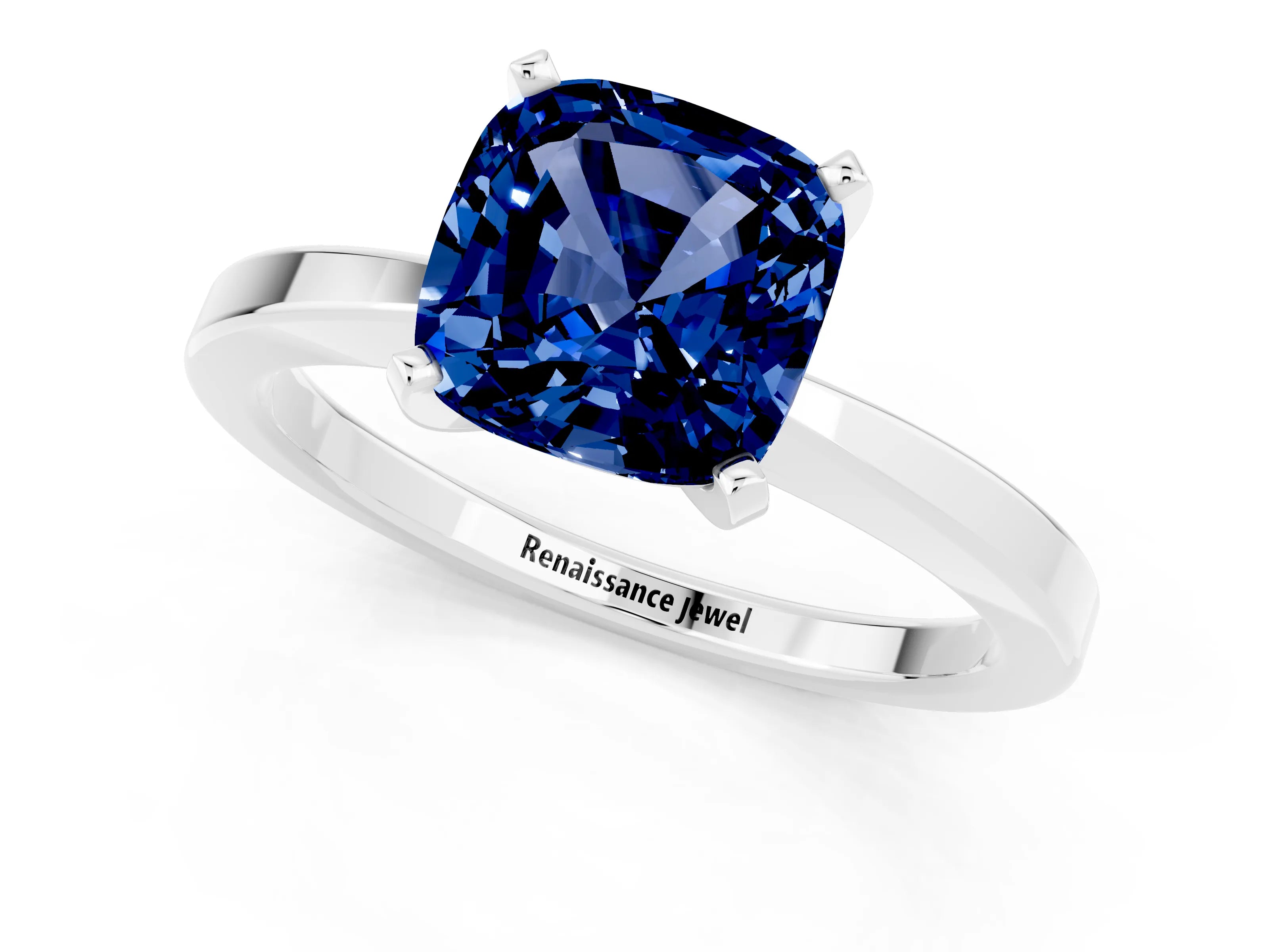 White gold Cushion Cut Blue Sapphire Solitaire Engagement Ring with Classic Band and Four-Prong Setting_25