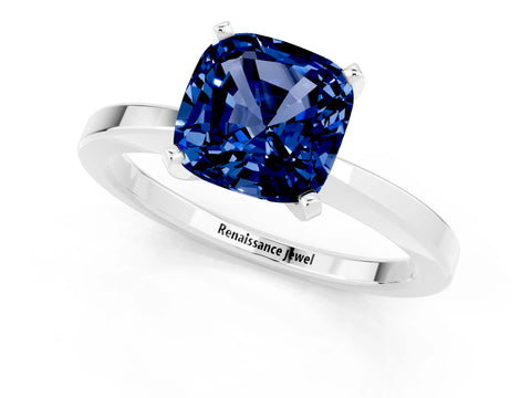 White gold Cushion Cut Blue Sapphire Solitaire Engagement Ring with Classic Band and Four-Prong Setting_25