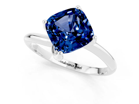 White gold Cushion Cut Blue Sapphire Solitaire Engagement Ring with Four-Prong Setting and Classic Band_13