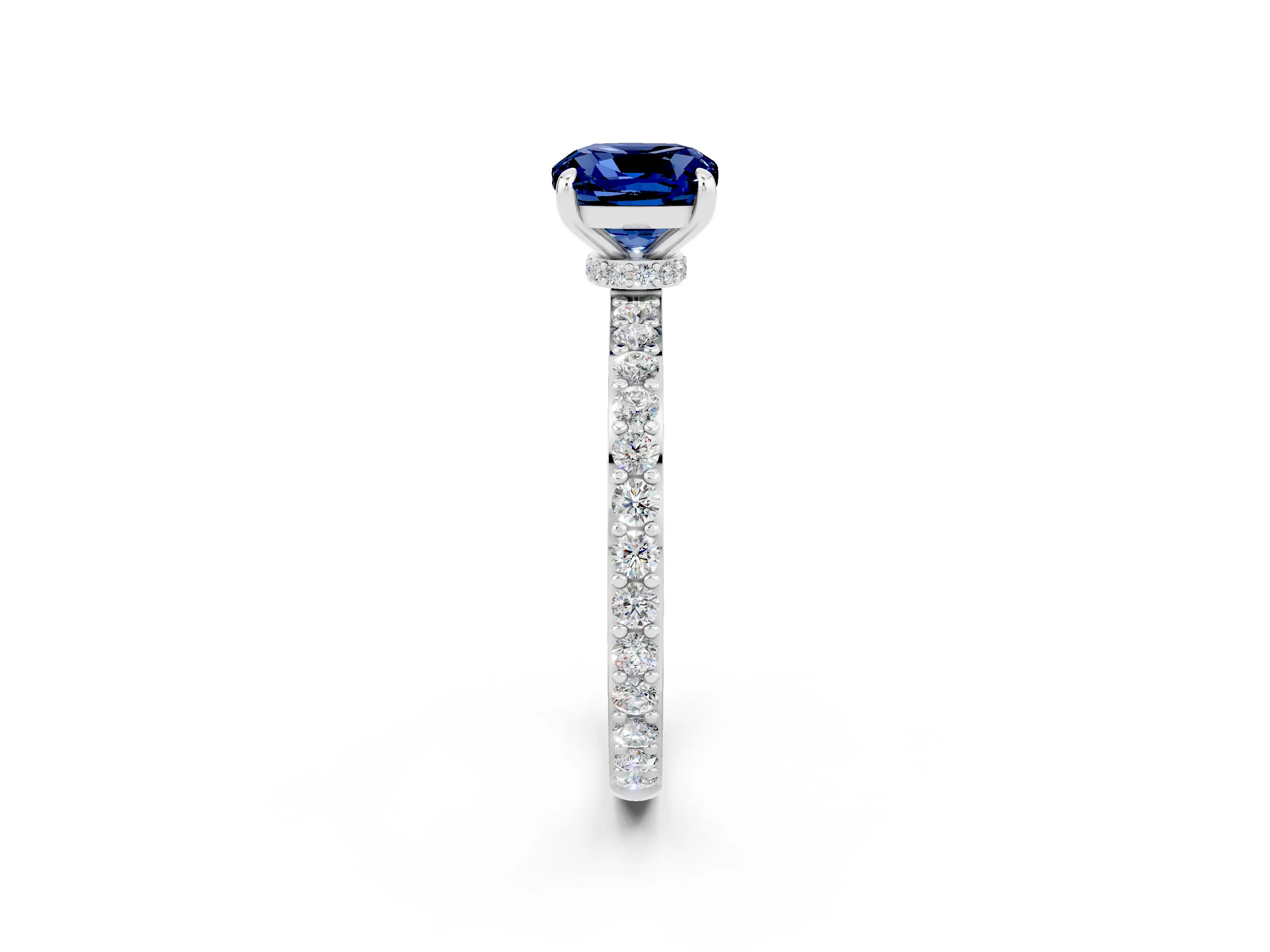 White gold Cushion Cut Blue Sapphire Solitaire Engagement Ring with Pavé Band and Four-Prong Setting_2