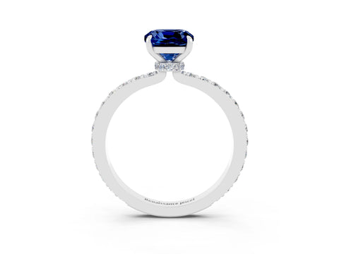 White gold Cushion Cut Blue Sapphire Solitaire Engagement Ring with Pavé Band and Four-Prong Setting_3