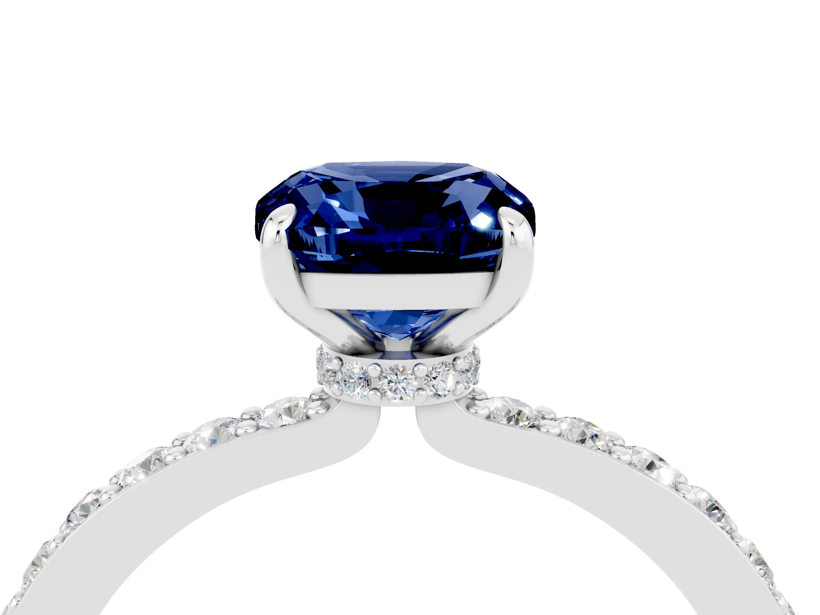 White gold Cushion Cut Blue Sapphire Solitaire Engagement Ring with Pavé Band and Four-Prong Setting_4