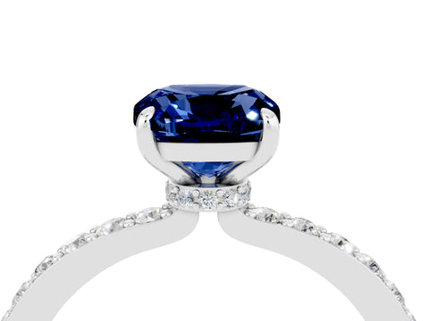 White gold Cushion Cut Blue Sapphire Solitaire Engagement Ring with Pavé Band and Four-Prong Setting_4