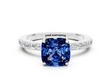White gold Cushion Cut Blue Sapphire Solitaire Engagement Ring with Pavé Band and Four-Prong Setting