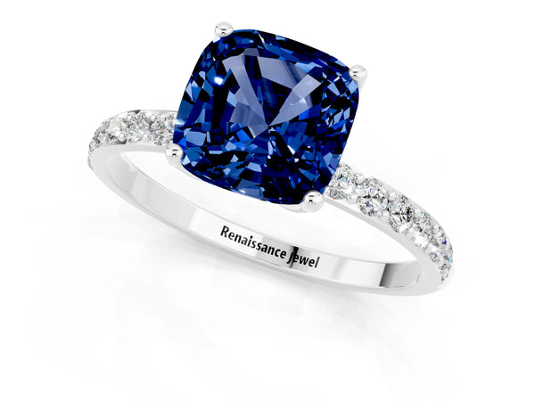 White gold Cushion Cut Blue Sapphire Solitaire Engagement Ring with Round  Pavé Band and Prong Setting