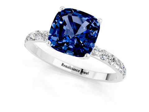 White gold Cushion Cut Blue Sapphire Solitaire Engagement Ring with Pavé Band and Prong Setting_1