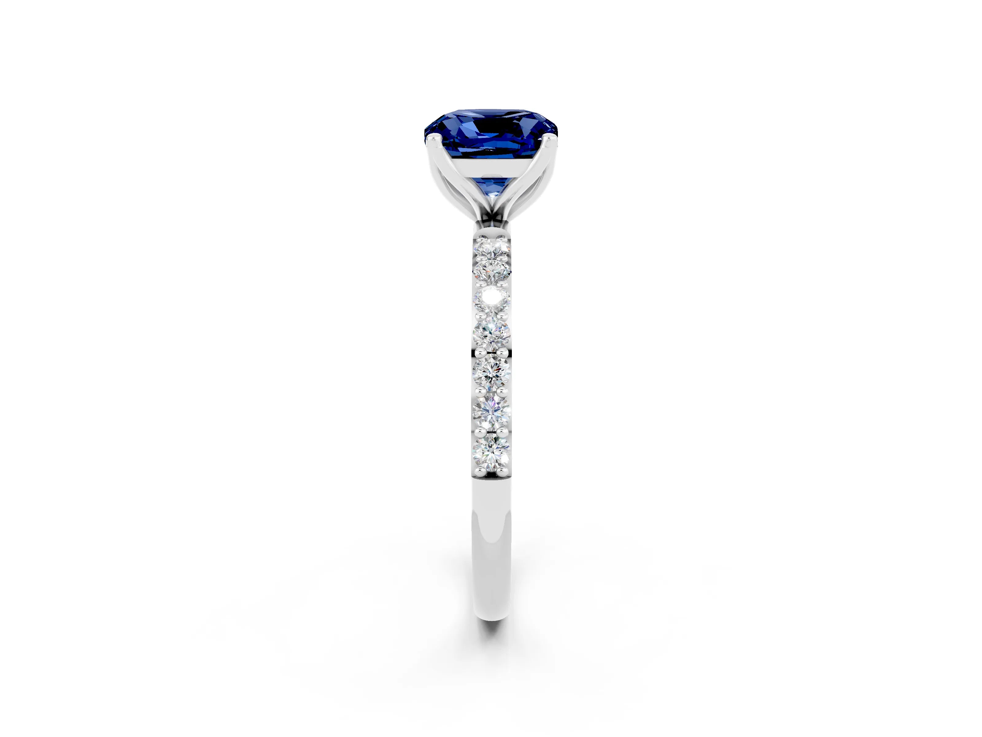 White gold Cushion Cut Blue Sapphire Solitaire Engagement Ring with Pavé Band and Prong Setting_2