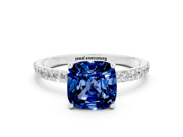 White gold Cushion Cut Blue Sapphire Solitaire Engagement Ring with Round  Pavé Band and Prong Setting