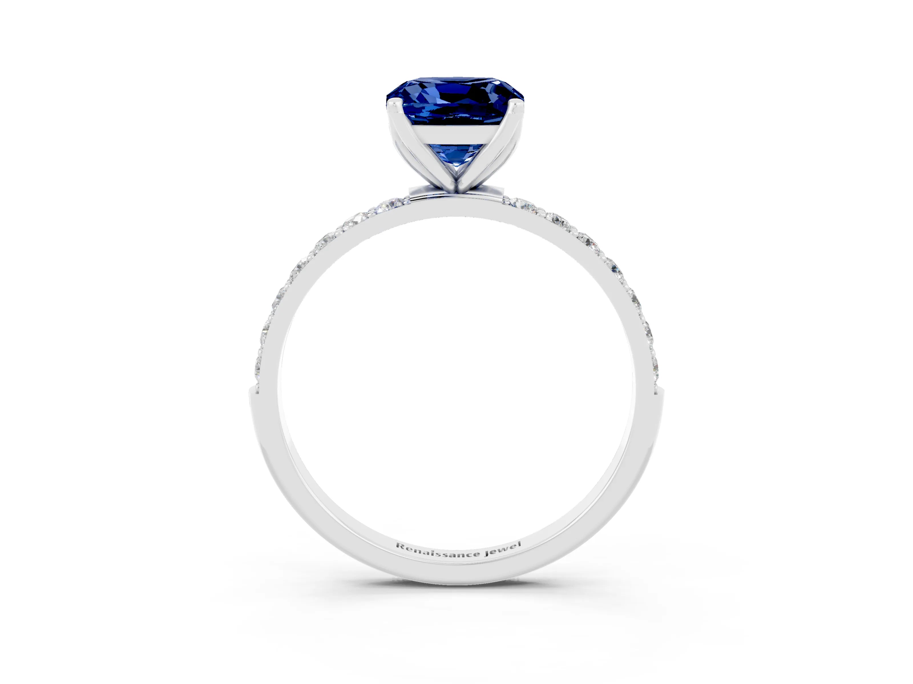 White gold Cushion Cut Blue Sapphire Solitaire Engagement Ring with Pavé Band and Prong Setting_3