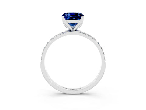 White gold Cushion Cut Blue Sapphire Solitaire Engagement Ring with Pavé Band and Prong Setting_3