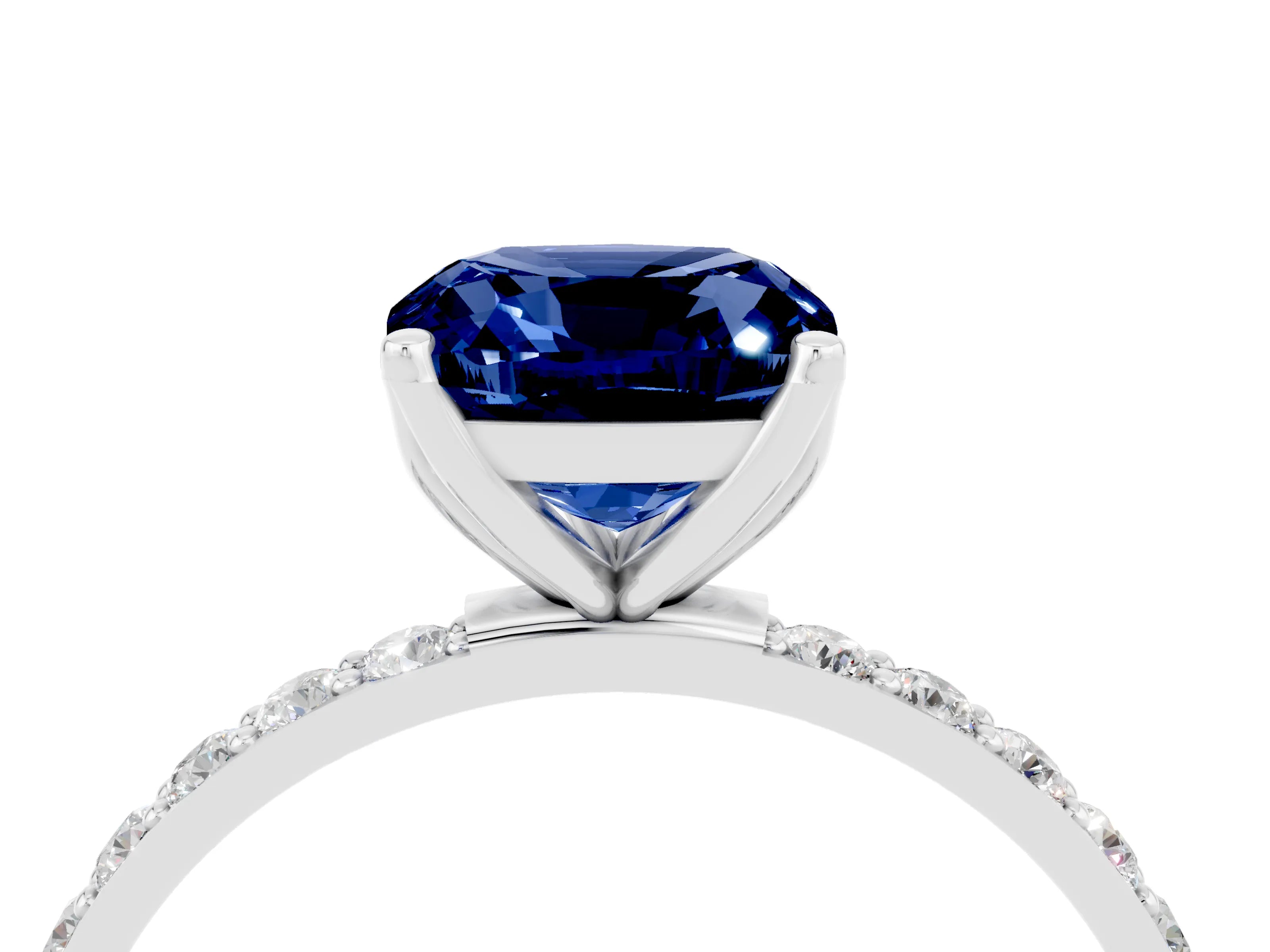White gold Cushion Cut Blue Sapphire Solitaire Engagement Ring with Pavé Band and Prong Setting_4
