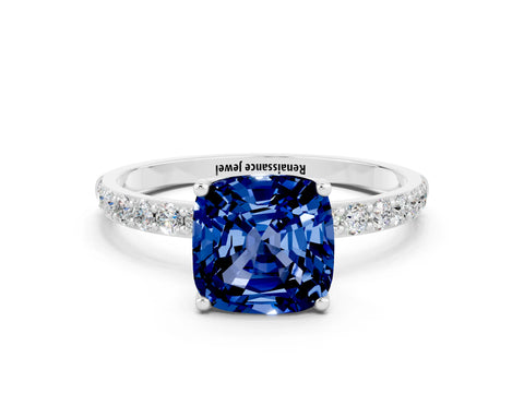 White gold Cushion Cut Blue Sapphire Solitaire Engagement Ring with Pavé Band and Prong Setting