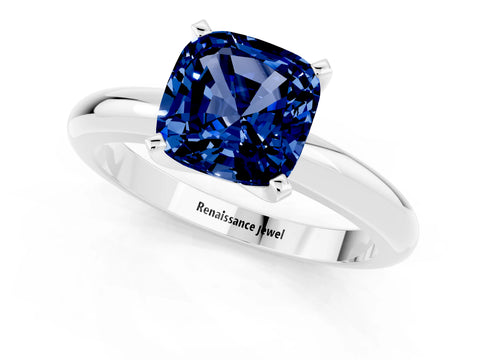 White gold Cushion Cut Blue Sapphire Solitaire Engagement Ring with Round Band and Four-Prong Setting_1