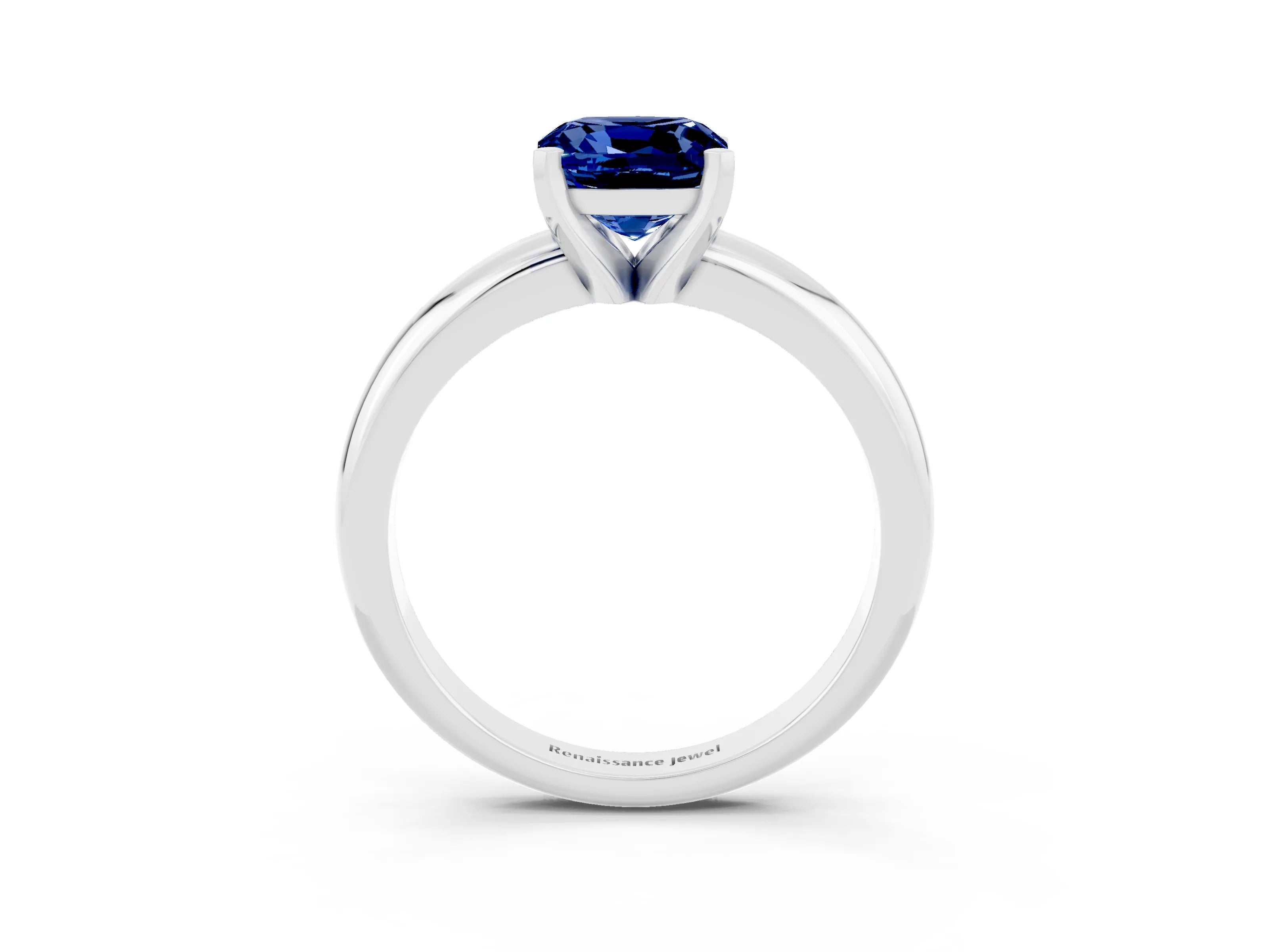 White gold Cushion Cut Blue Sapphire Solitaire Engagement Ring with Round Band and Four-Prong Setting_3