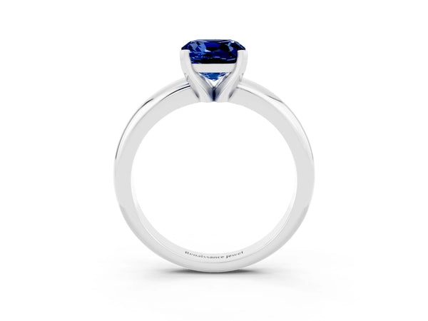 White gold Cushion Cut Blue Sapphire Solitaire Engagement Ring with Round Band and Four-Prong Setting