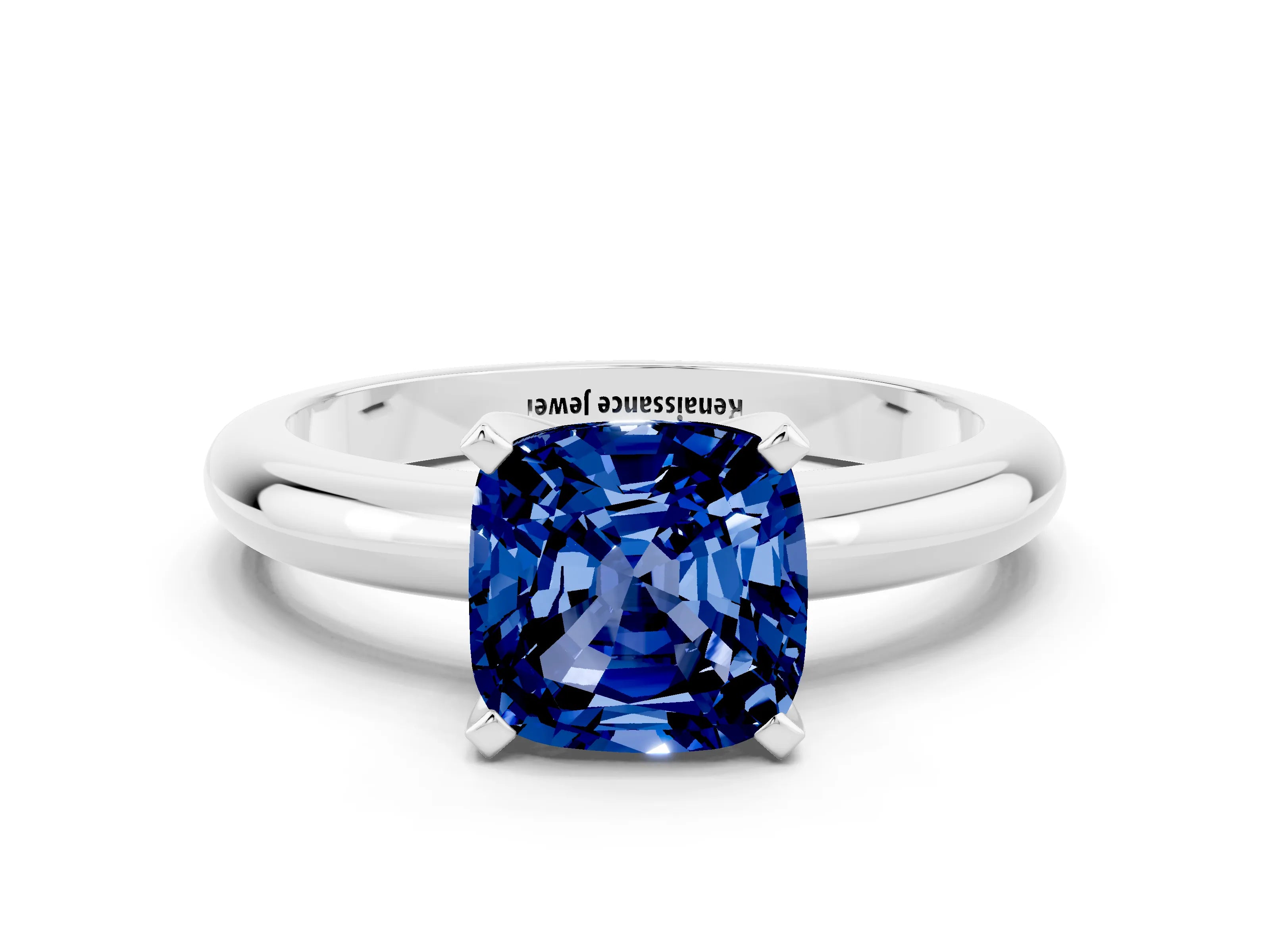 White gold Cushion Cut Blue Sapphire Solitaire Engagement Ring with Round Band and Four-Prong Setting