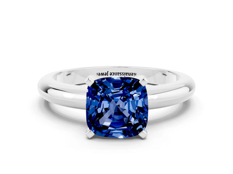 White gold Cushion Cut Blue Sapphire Solitaire Engagement Ring with Round Band and Four-Prong Setting
