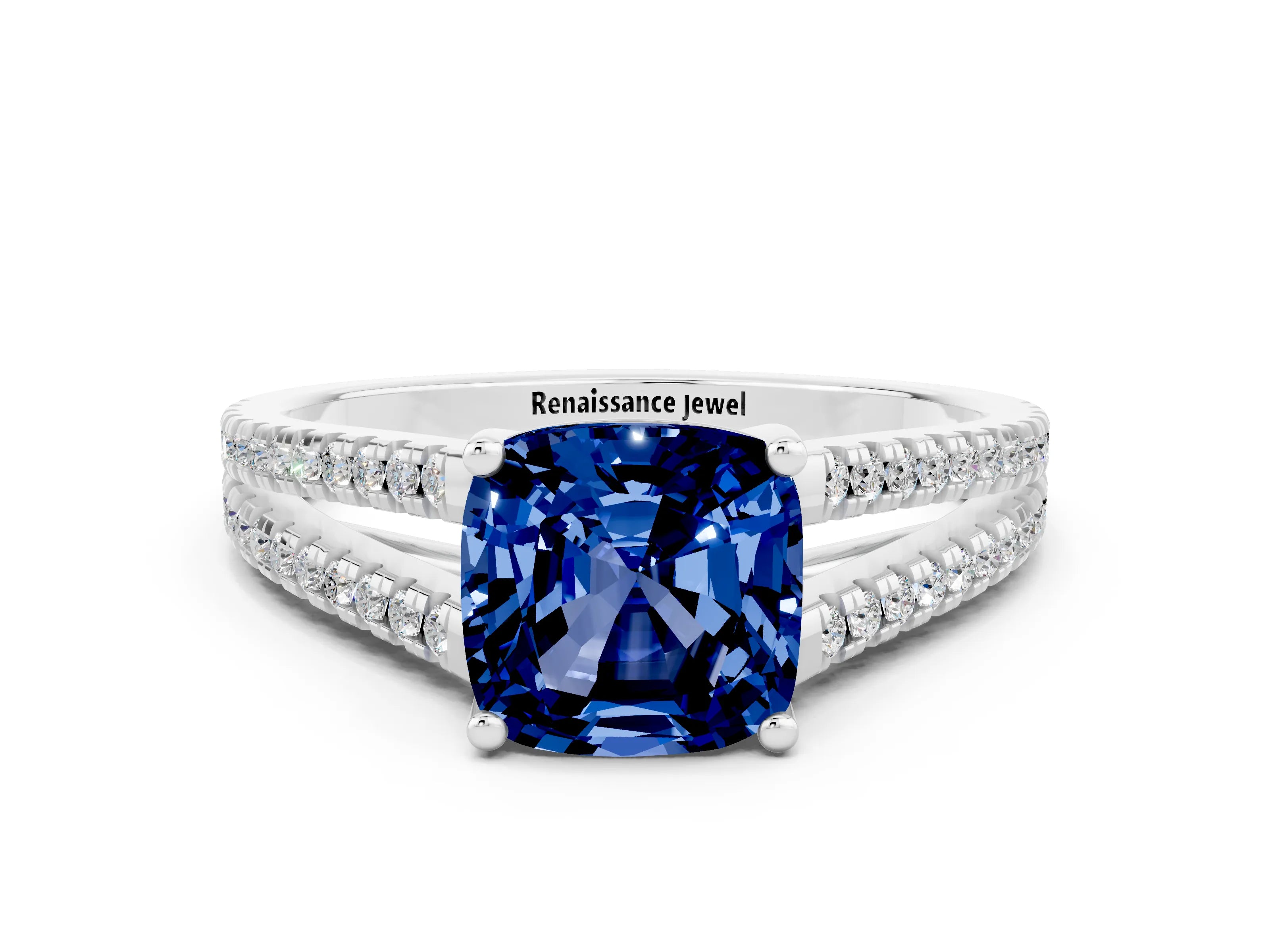 White gold Cushion Cut Blue Sapphire Solitaire Engagement Ring with Split Shank Pavé Band