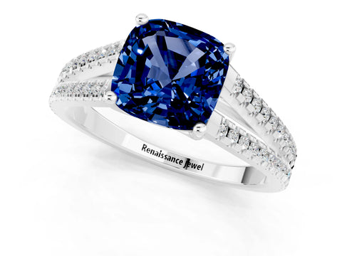 White gold Cushion Cut Blue Sapphire Solitaire Engagement Ring with Split Shank Pavé Band_1