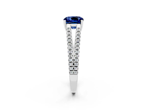 Platinum Cushion Cut Blue Sapphire Solitaire Engagement Ring with Split Shank Pavé Band