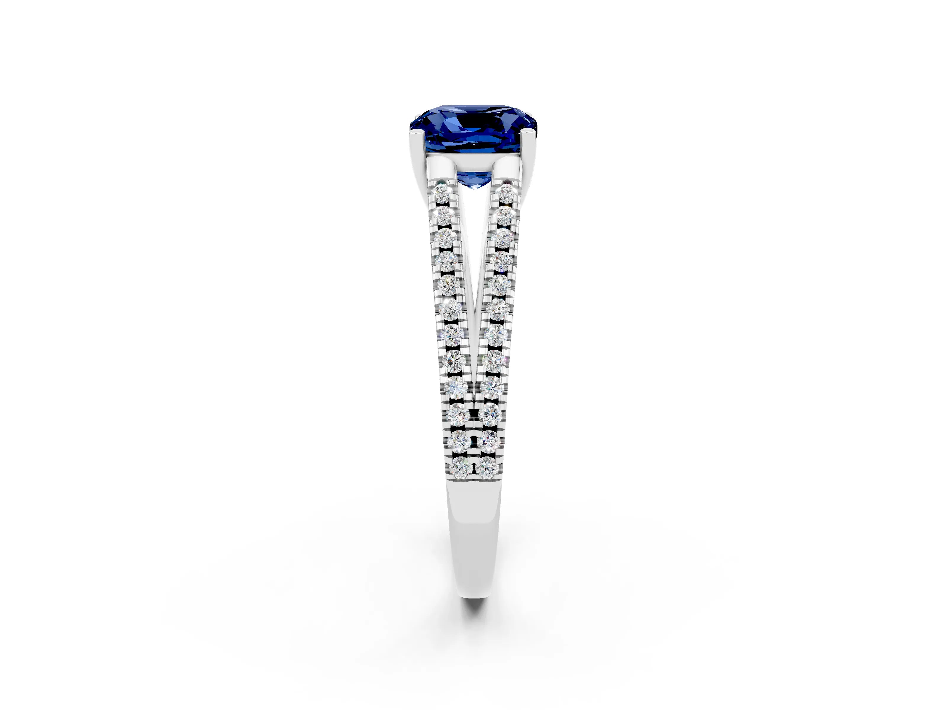 White gold Cushion Cut Blue Sapphire Solitaire Engagement Ring with Split Shank Pavé Band_2